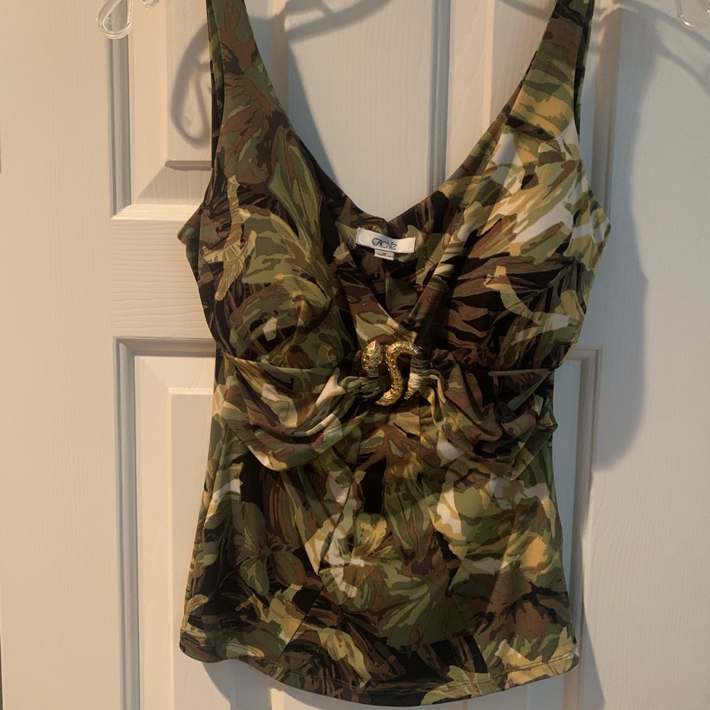 Cache Green and Brown Fitted Ruched Tank Top